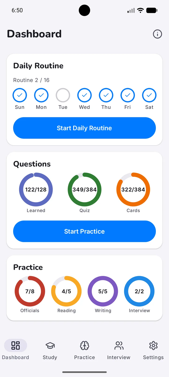 The Dashboard with a daily study routine and progress indicators for learned questions, quizzes and flashcards.