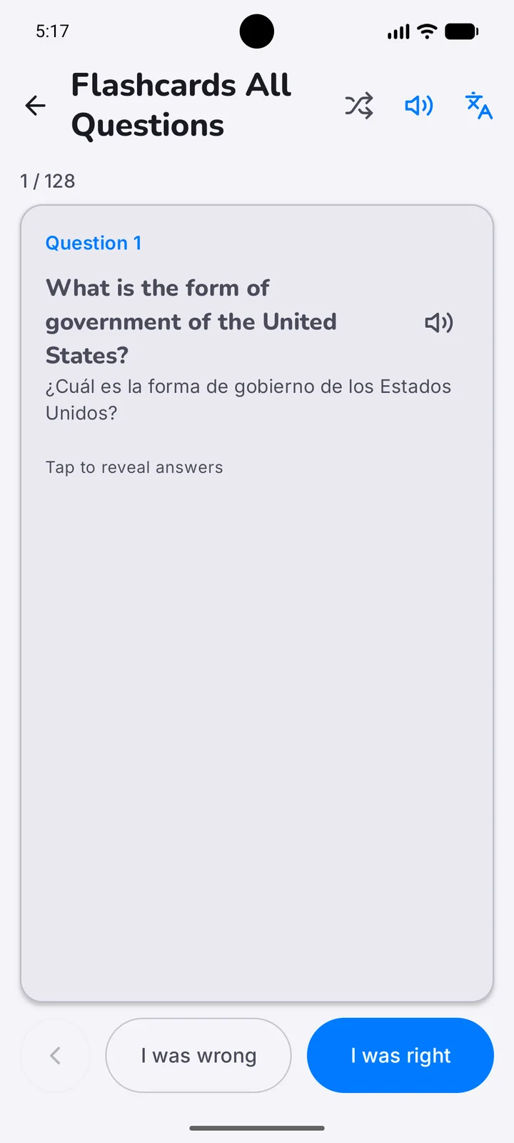 A real Easy Citizen flashcard with an English civics question and its Spanish translation in the app. · Android