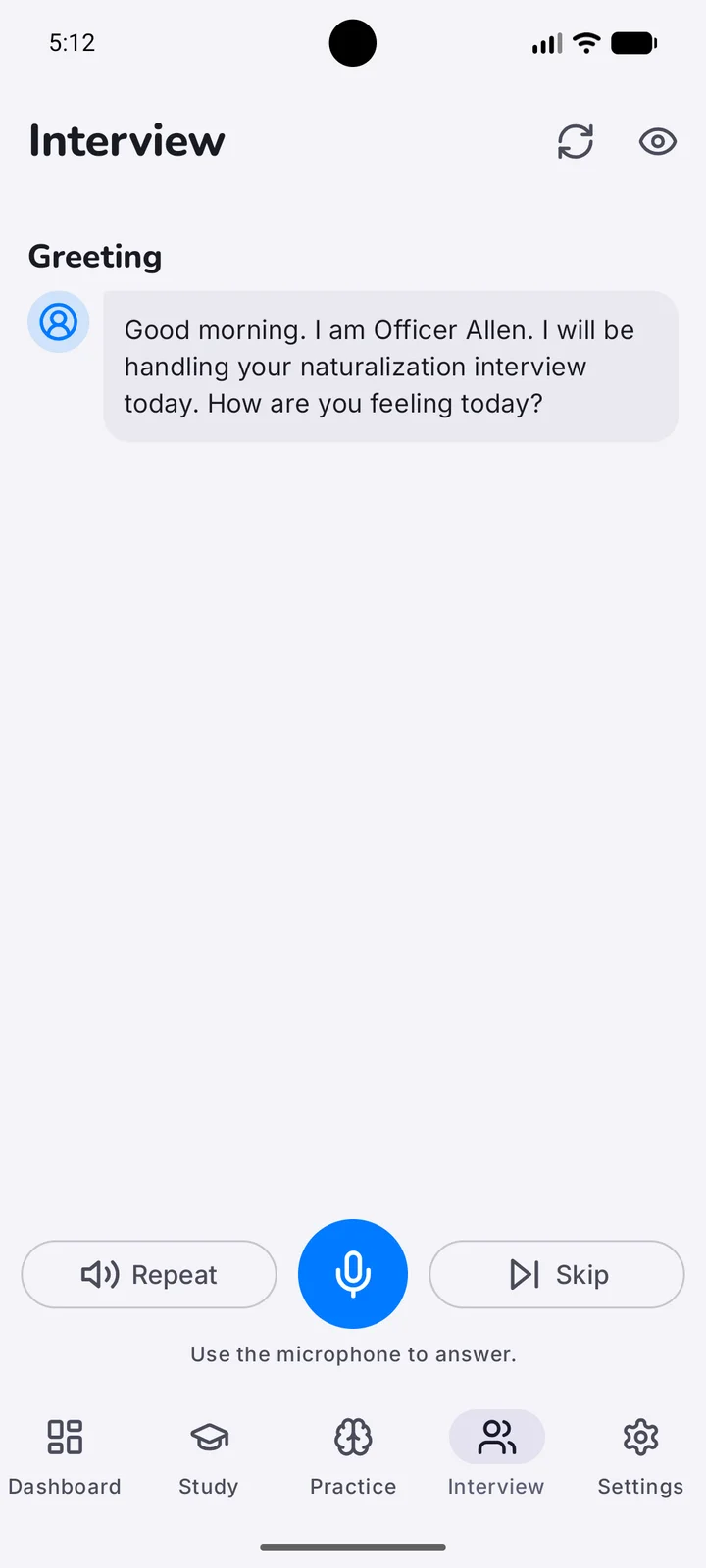 Android mock interview with the interviewer’s greeting and controls to answer out loud.