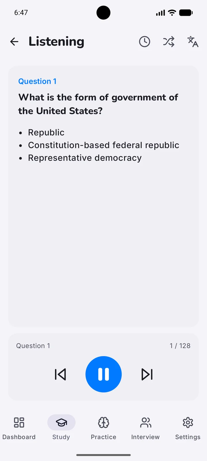 The Listening screen with a civics question, accepted answers, and playback controls.