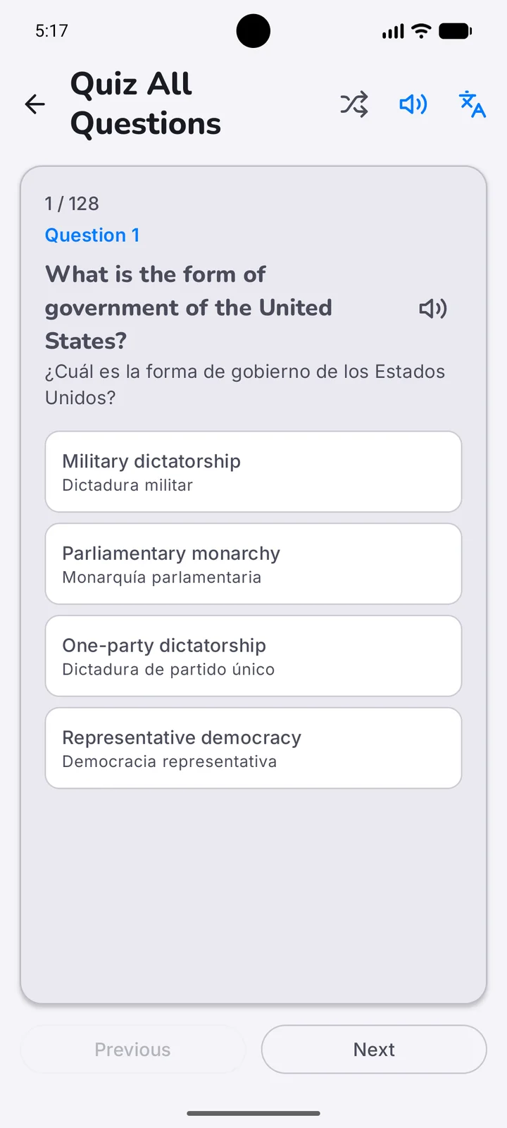 A civics quiz with an English question, Spanish translation, and multiple answer choices.