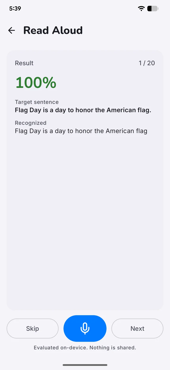 Reading result showing the original sentence and the text recognized by the app.