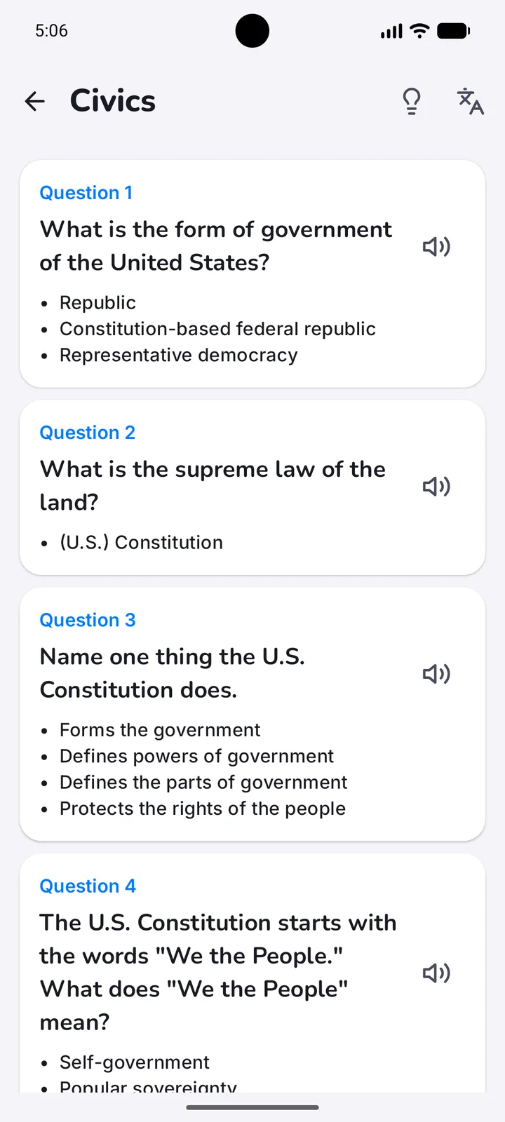 Civics questions and accepted answers in English in the app. · Android