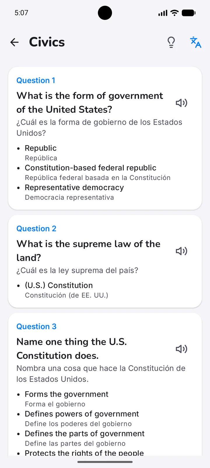 The same civics questions with Spanish translations beneath the English questions and answers. · Android