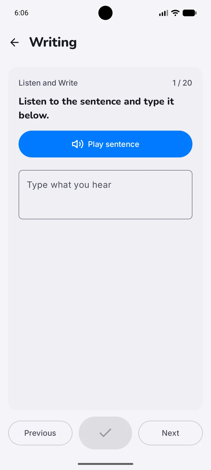 The Writing exercise with a Play sentence button and a field for typing the sentence.
