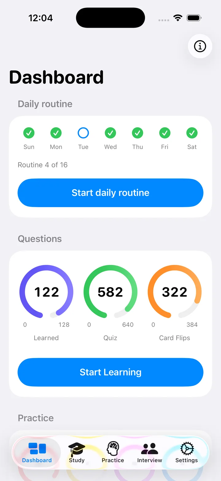 The Dashboard with a daily study routine and progress indicators for learned questions, quizzes and flashcards.