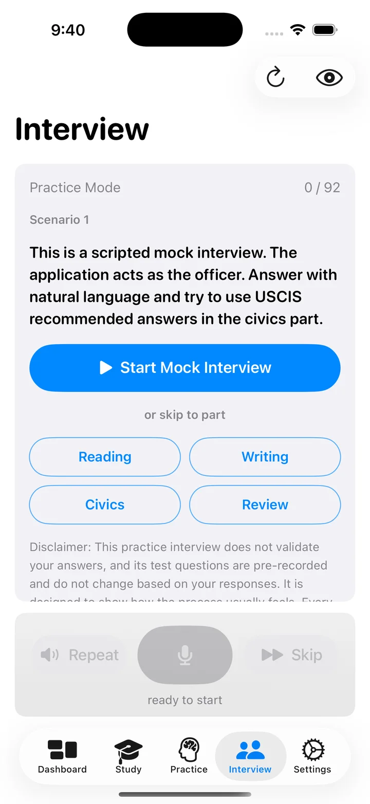 The mock interview start screen with separate reading, writing, civics and review sections.