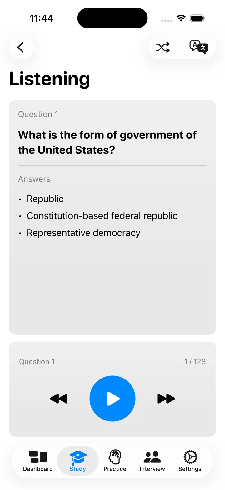 The Listening screen with a civics question, accepted answers, and playback controls.