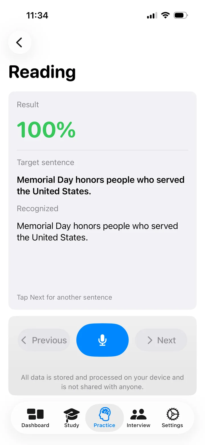 Reading result showing the original sentence and the text recognized by the app.