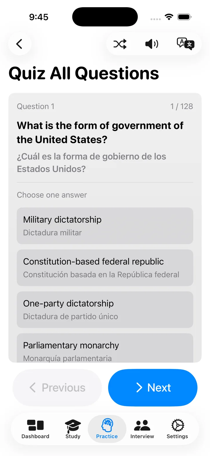 A civics quiz with an English question, Spanish translation, and multiple answer choices.