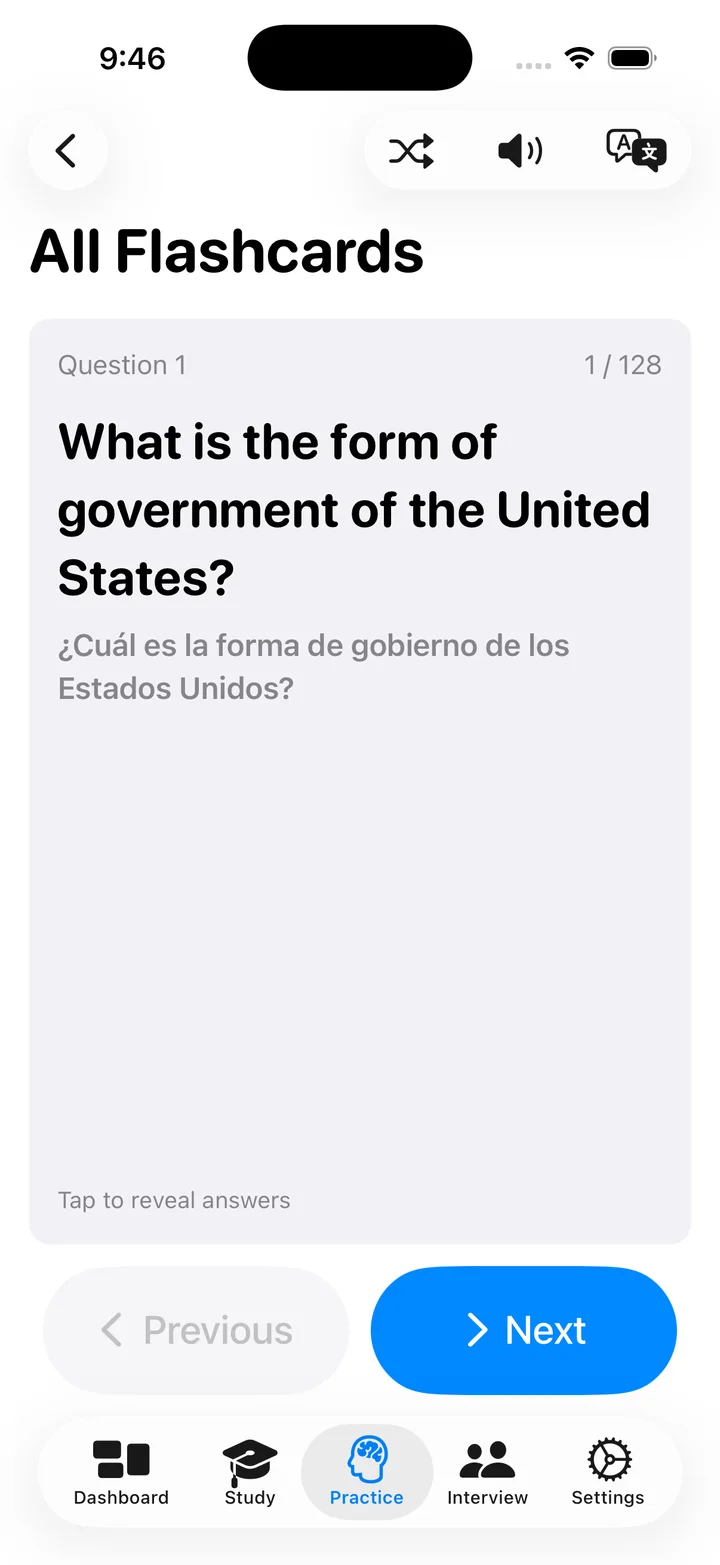 A real Easy Citizen flashcard with an English civics question and its Spanish translation in the app. · iPhone