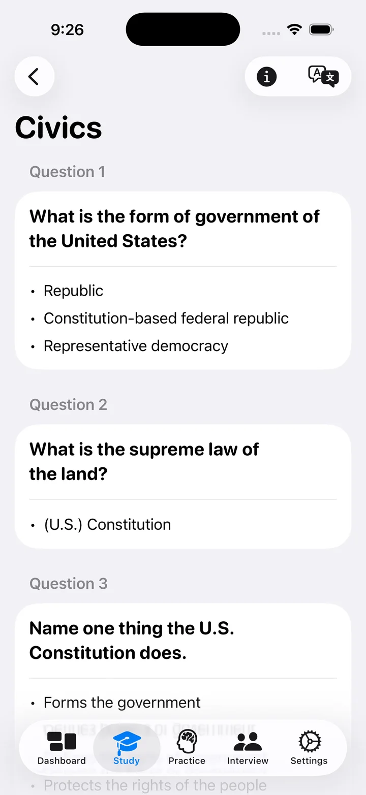 Civics questions and accepted answers in English in the app. · iPhone