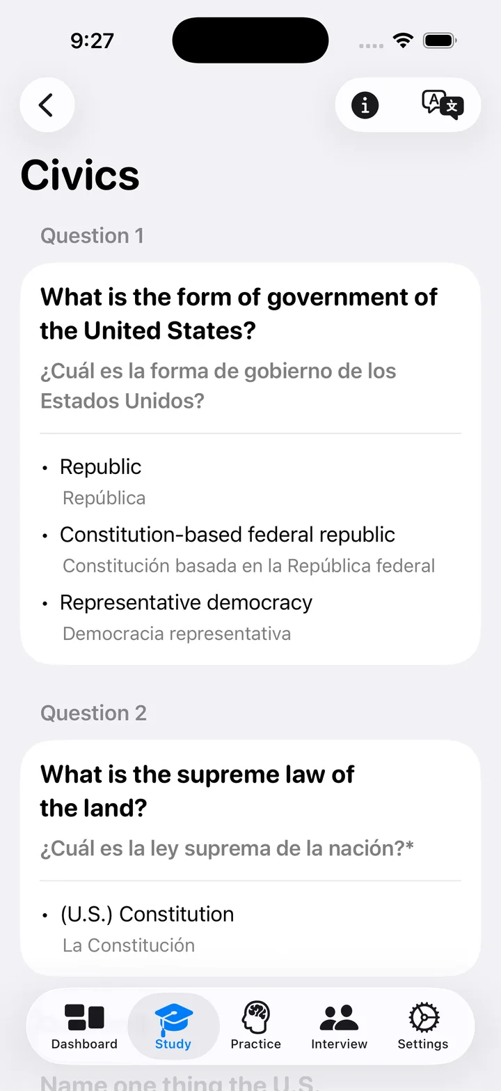 The same civics questions with Spanish translations beneath the English questions and answers. · iPhone