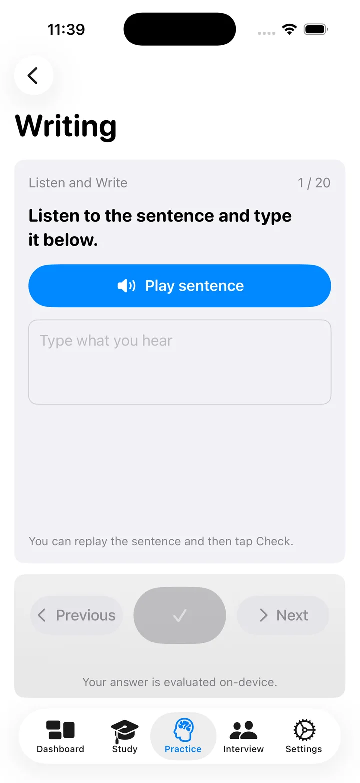 The Writing exercise with a Play sentence button and a field for typing the sentence.